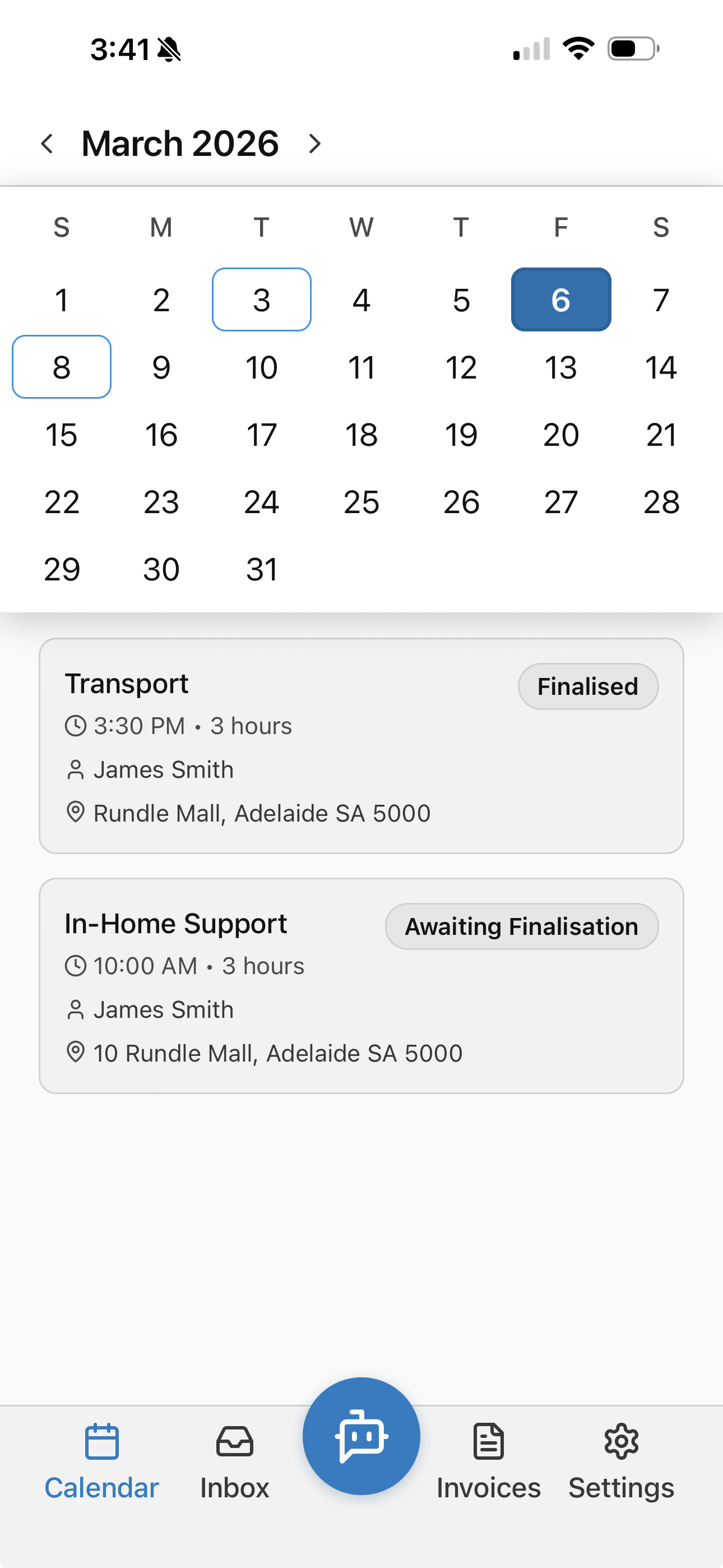 Participant app showing upcoming support schedule