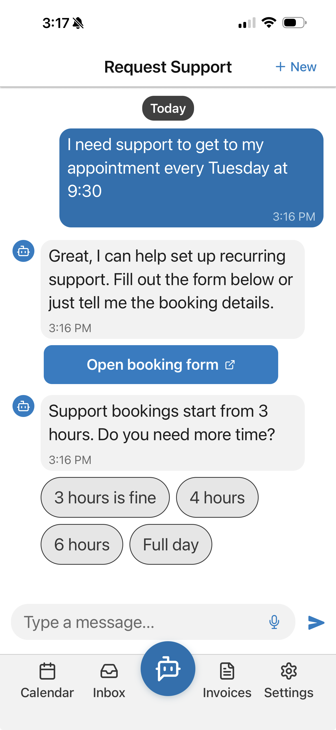 AI booking interface showing natural language request converted to a structured booking