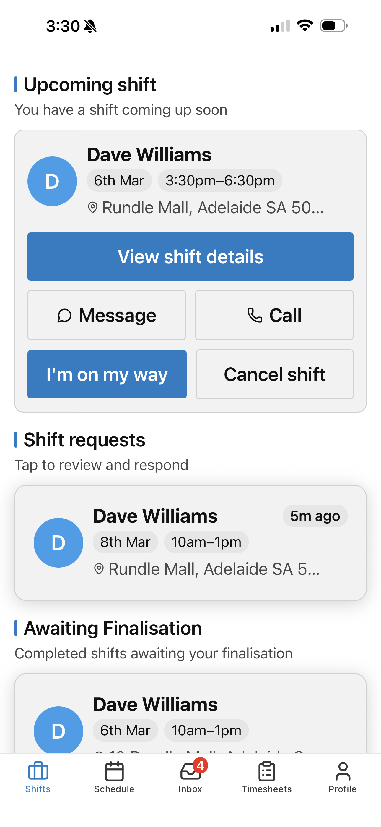 Support team view showing connected workers with availability and quick-book options