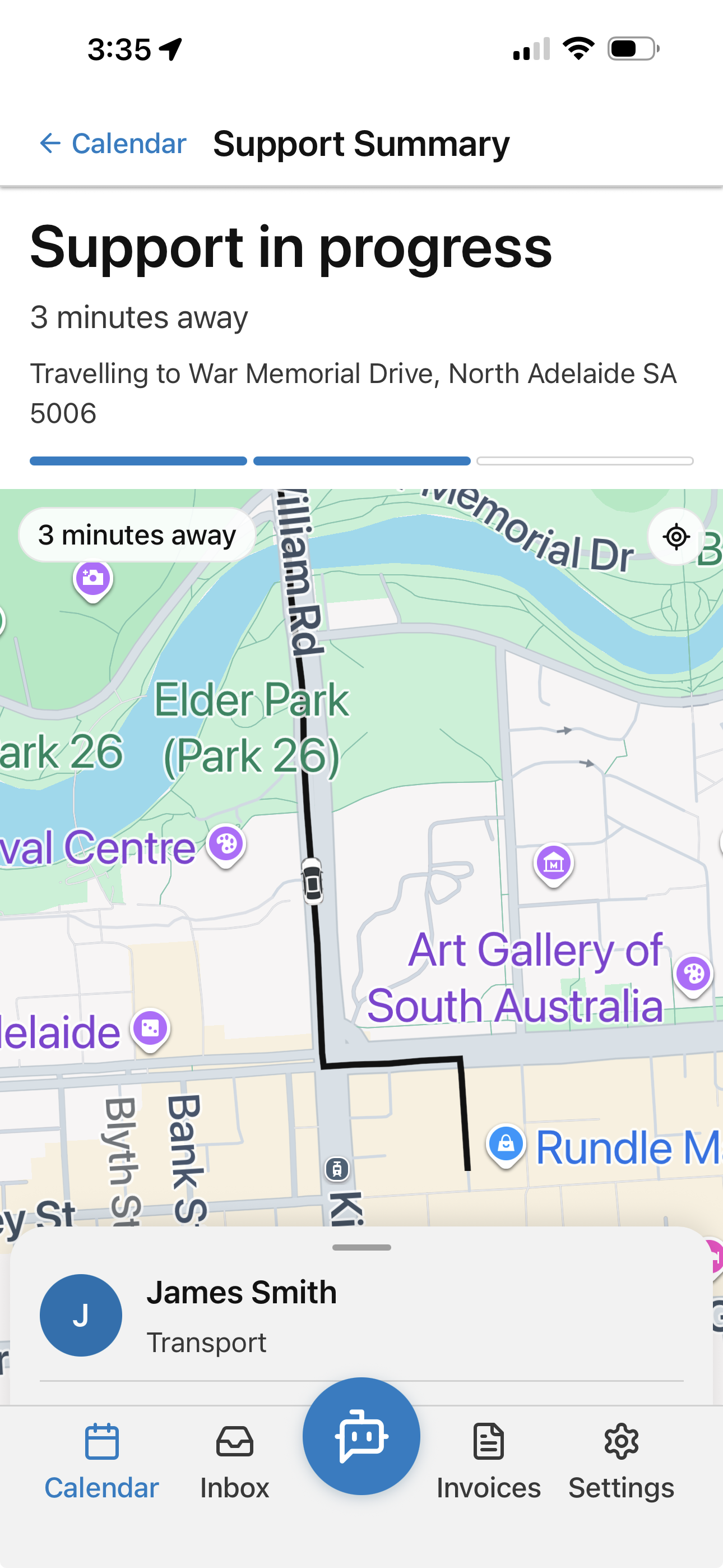 Live GPS tracking view showing a support worker en route on a map