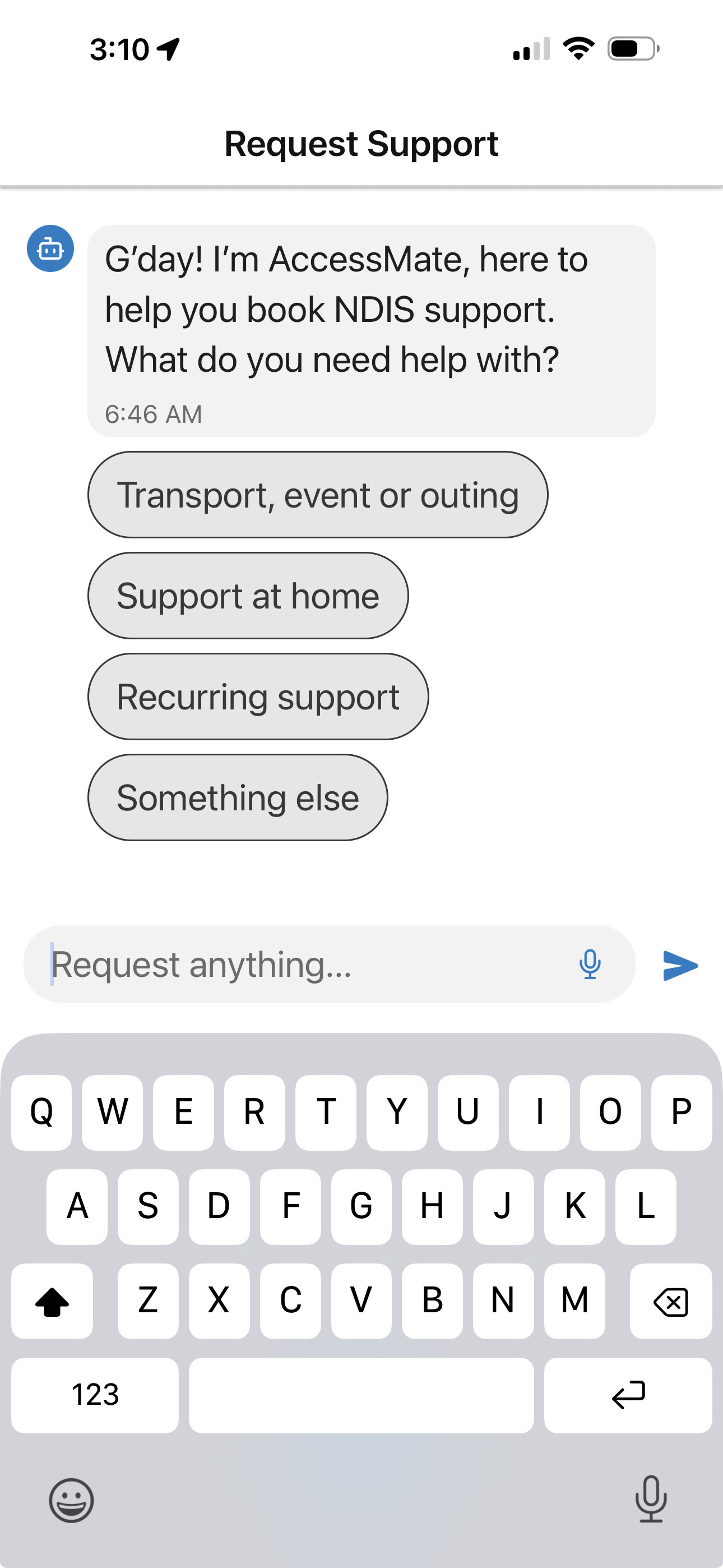 AccessMate app showing AI booking chat interface
